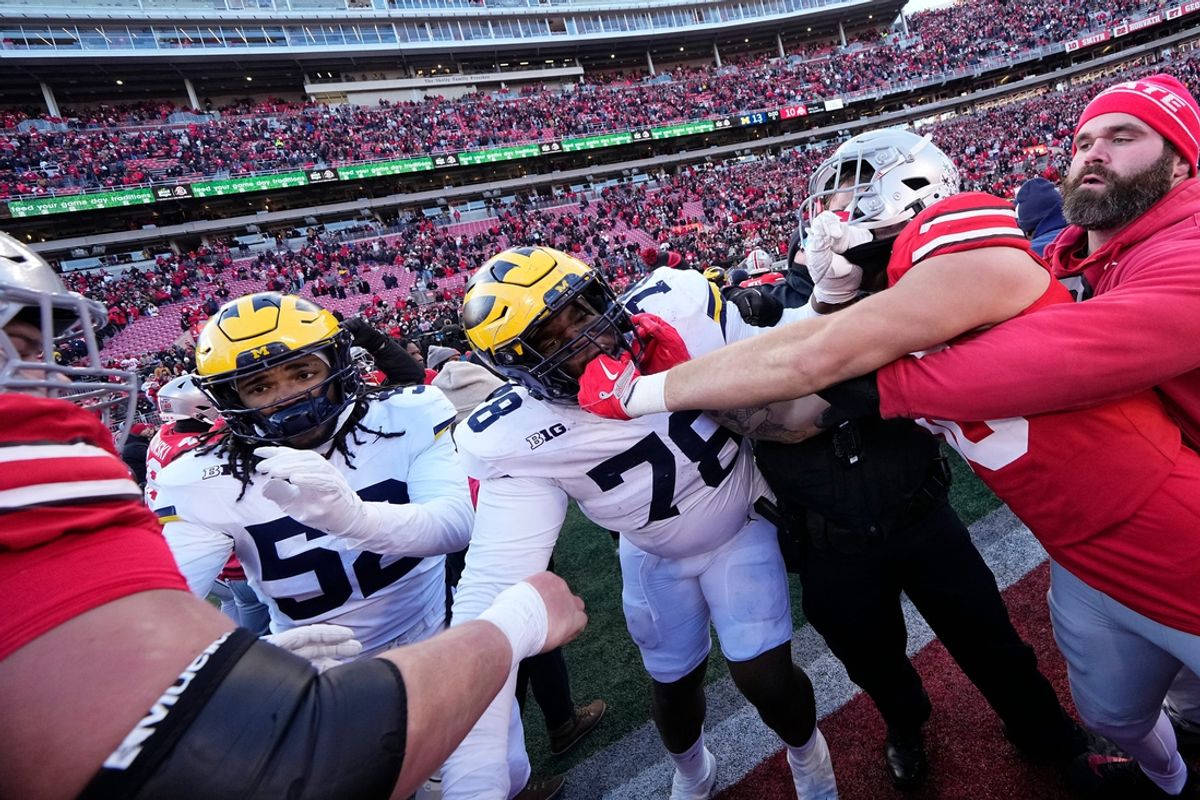Michigan Wolverines and Ohio State Buckeyes fight following the NCAA football game at Ohio Stadium in Columbus on Saturday, Nov. 30, 2024. Michigan won 13-10.
