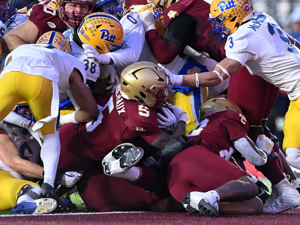 Nov 30, 2024; Chestnut Hill, Massachusetts, USA; Boston College Eagles running back Kye Robichaux (5) scores a touchdown against the Pittsburgh Panthers during the first half at Alumni Stadium. Mandatory Credit: Brian Fluharty-Imagn Images
