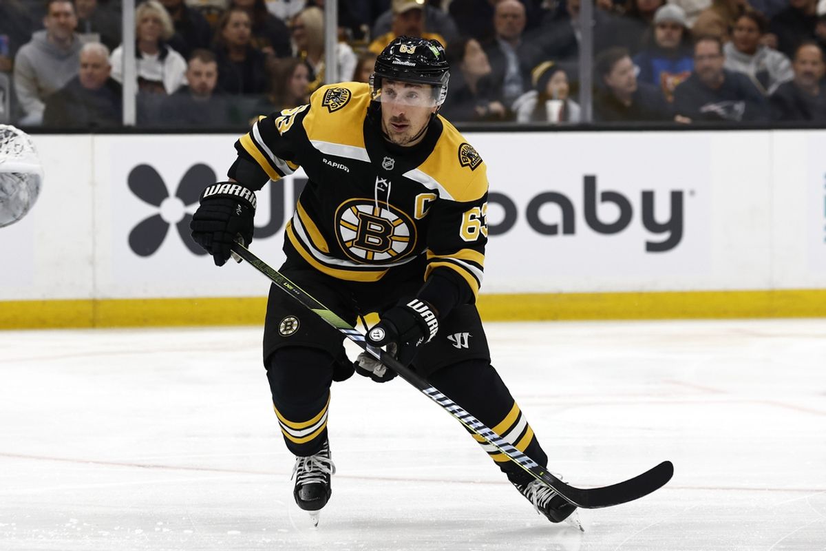 Nov 29, 2024; Boston, Massachusetts, USA; Boston Bruins left wing Brad Marchand (63) during the first period against the Pittsburgh Penguins at TD Garden. Mandatory Credit: Winslow Townson-Imagn Images