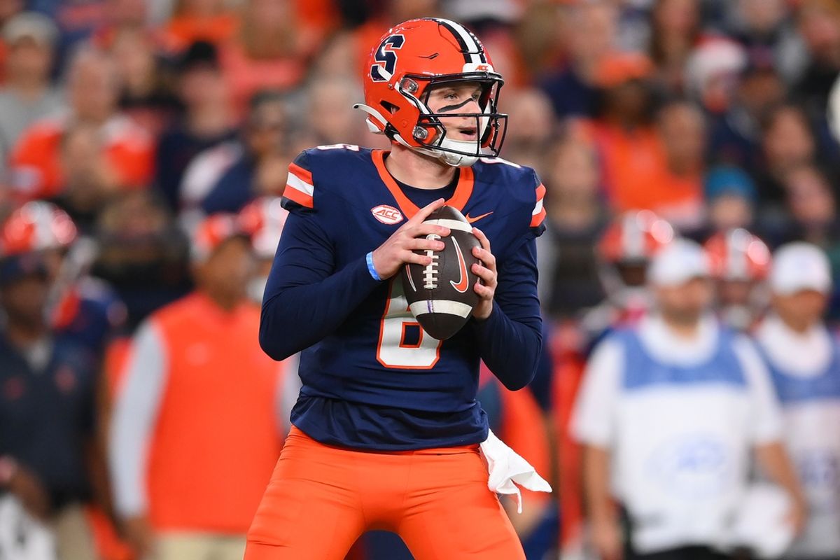 Nov 30, 2024; Syracuse, New York, USA; Syracuse Orange quarterback Kyle McCord (6) drops back to pass against the Miami Hurricanes during the first half at the JMA Wireless Dome. Mandatory Credit: Rich Barnes-Imagn Images