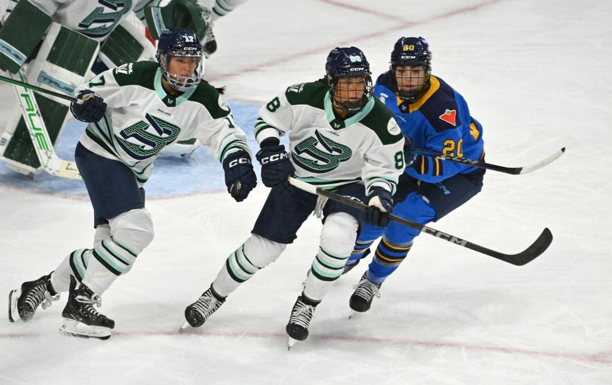 Nov 30, 2024; Toronto, ON, CANADA;  Boston Fleet forwards Lexie Adzija (88) and Taylor Girard (17) pursue the play against Toronto Sceptres forward Sarah Nurse (20) in the third period at Coca-Cola Coliseum. Mandatory Credit: Dan Hamilton-Imagn Images