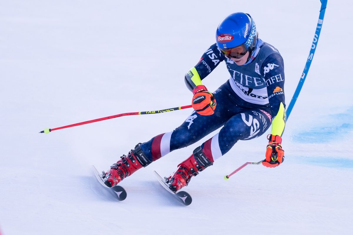 Nov 30, 2024; Killington, Vermont, USA; Mikaela Shiffrin of the United States in the first run of the women's giant slalom at the Stifel Killington Cup alpine skiing race at Killington Resort. Mandatory Credit: Marc DesRosiers-Imagn Images