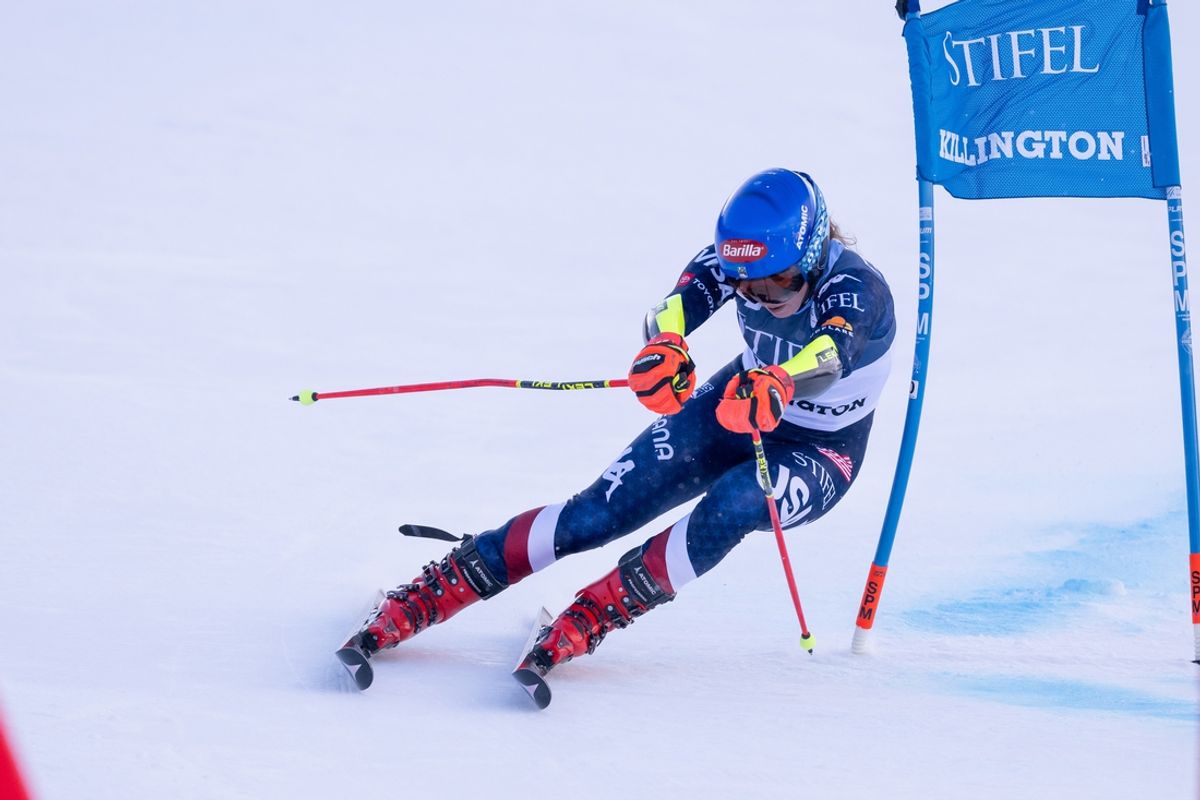 Nov 30, 2024; Killington, Vermont, USA; Mikaela Shiffrin of the United States in the first run of the women's giant slalom at the Stifel Killington Cup alpine skiing race at Killington Resort. Mandatory Credit: Marc DesRosiers-Imagn Images