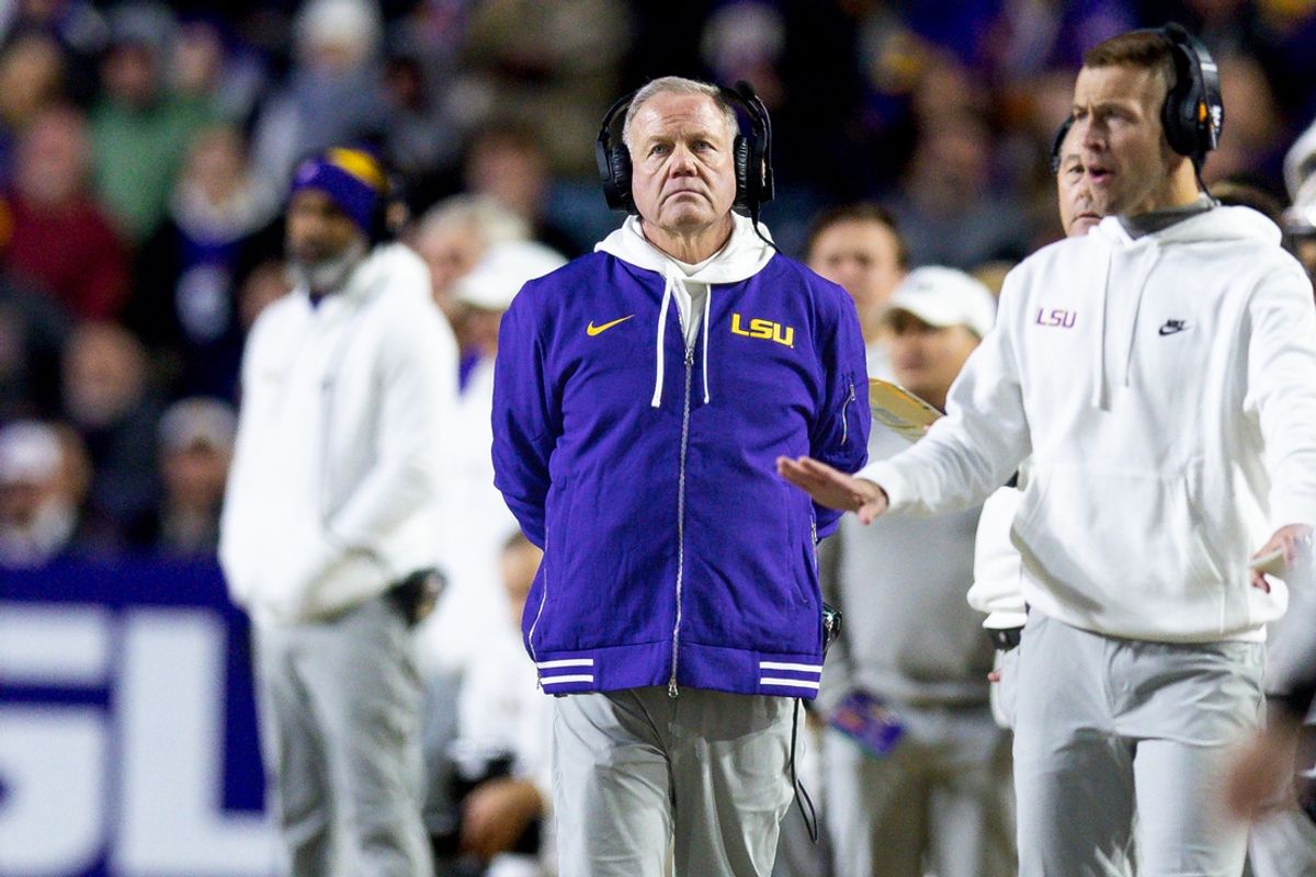 Nov 30, 2024; Baton Rouge, Louisiana, USA;  LSU Tigers head coach Brian Kelly looks on against the Oklahoma Sooners during the second quarter at Tiger Stadium. Mandatory Credit: Stephen Lew-Imagn Images