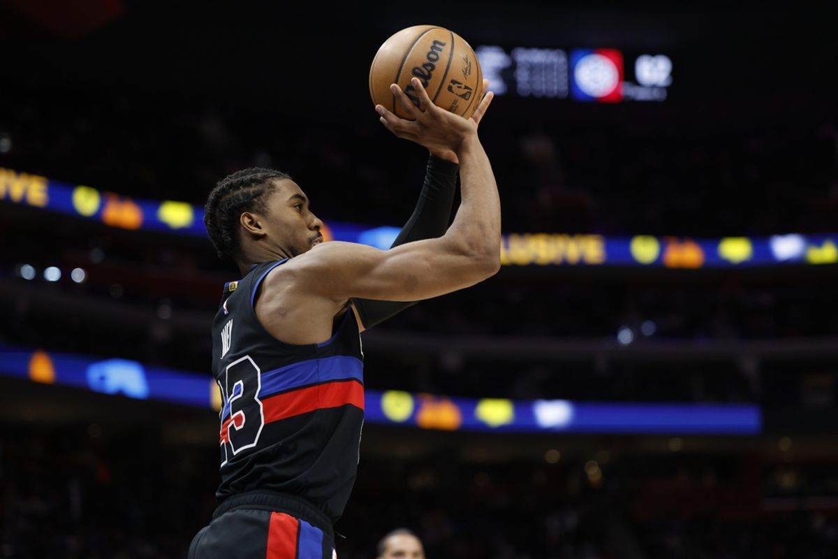 Nov 30, 2024; Detroit, Michigan, USA;  Detroit Pistons guard Jaden Ivey (23) shoots in the second half against the Philadelphia 76ers at Little Caesars Arena. Mandatory Credit: Rick Osentoski-Imagn Images