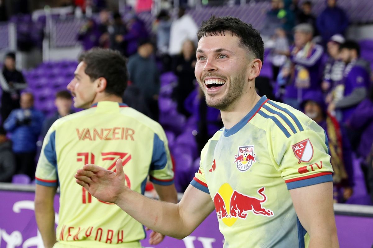 Nov 30, 2024; Orlando, Florida, USA; New York Red Bulls midfielder Lewis Morgan (9) celebrates after winning in the 2024 MLS Cup Eastern Conference Final match at Inter&Co Stadium. Mandatory Credit: Morgan Tencza-Imagn Images