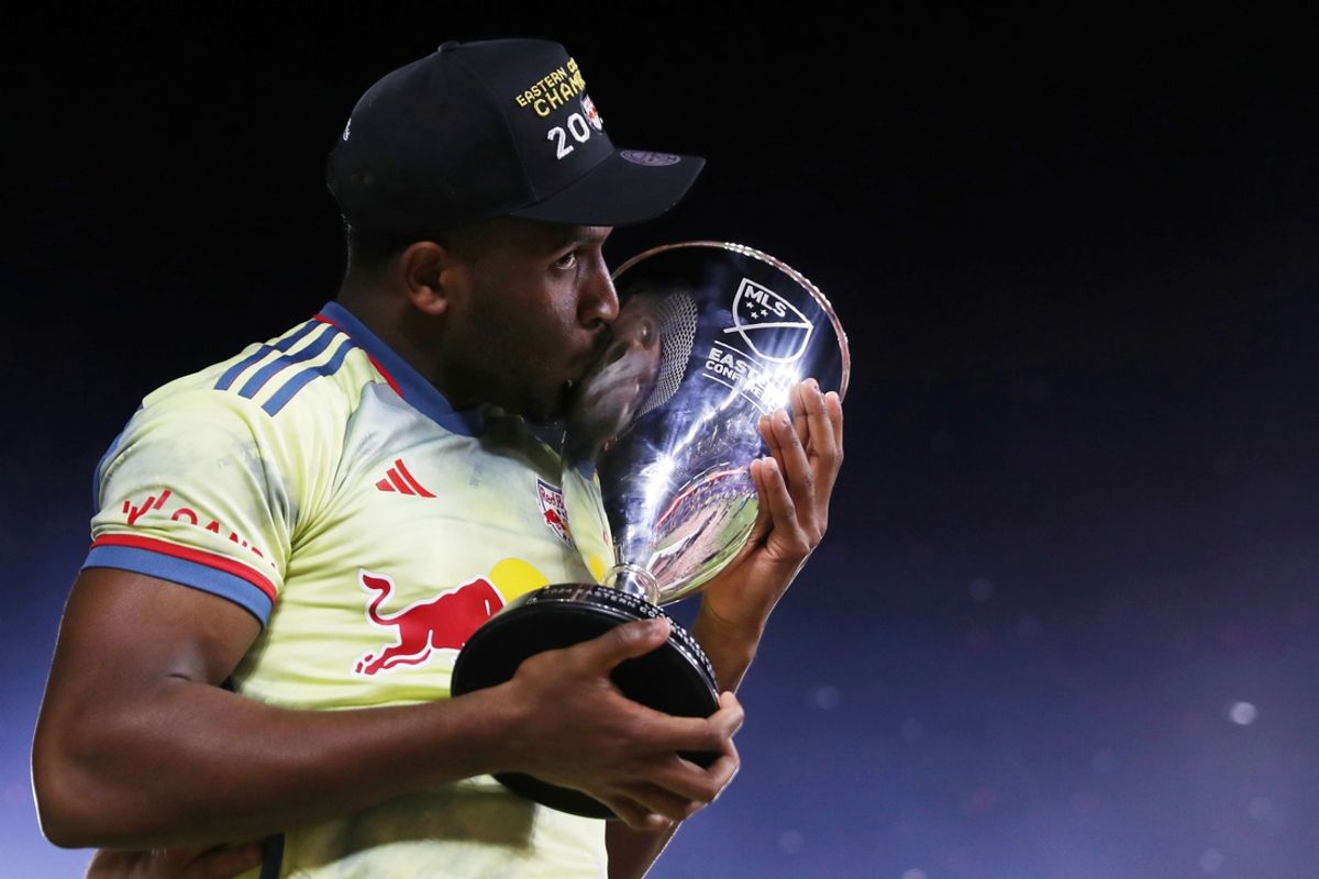 Nov 30, 2024; Orlando, Florida, USA; New York Red Bulls forward Elias Manoel (11) celebrates after winning in the 2024 MLS Cup Eastern Conference Final match at Inter&Co Stadium. Mandatory Credit: Morgan Tencza-Imagn Images