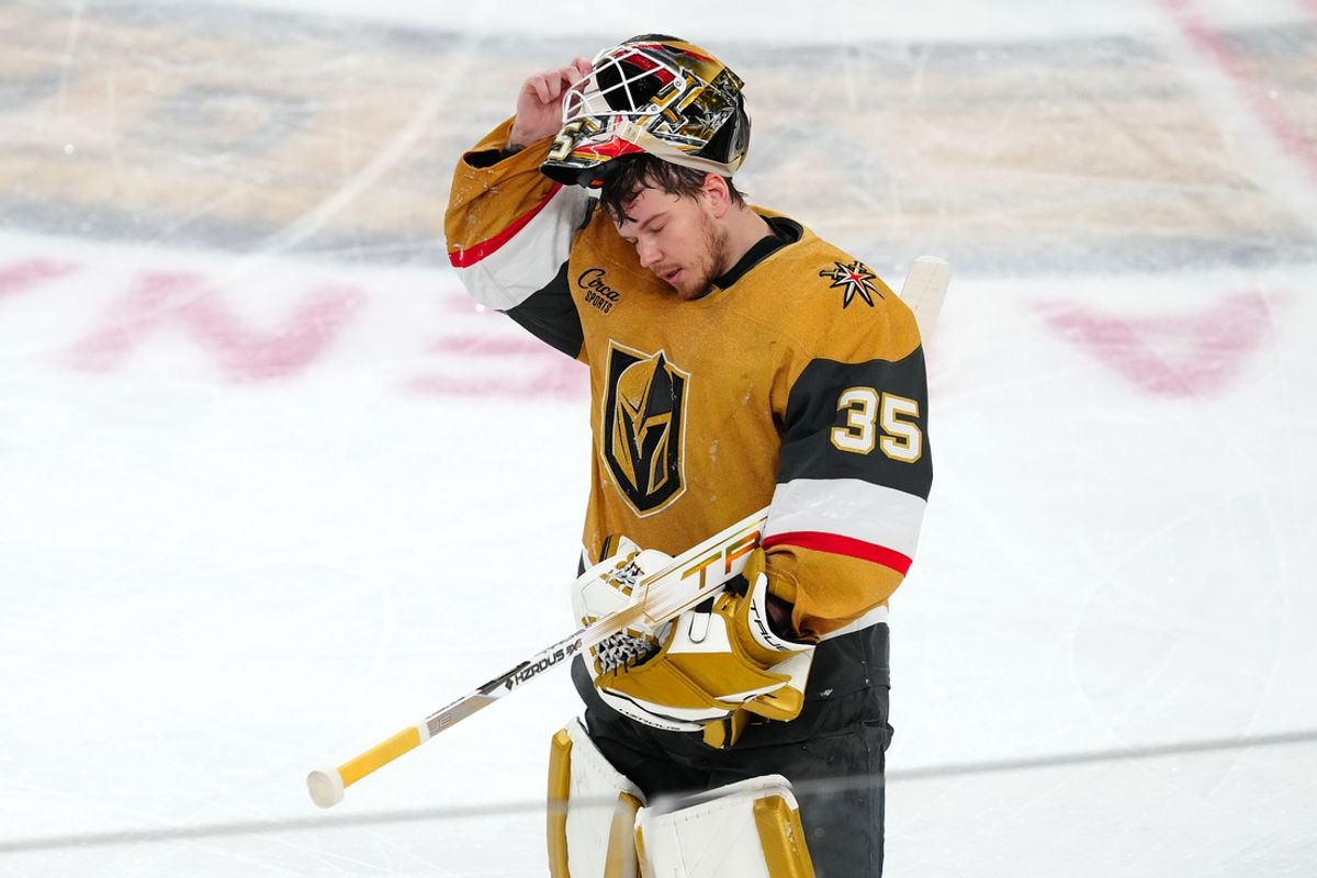 Nov 30, 2024; Las Vegas, Nevada, USA; Vegas Golden Knights goaltender Ilya Samsonov (35) reacts after surrendering a goal to Utah Hockey Club center Nick Schmaltz (8) during the second period at T-Mobile Arena. Mandatory Credit: Stephen R. Sylvanie-Imagn Images
