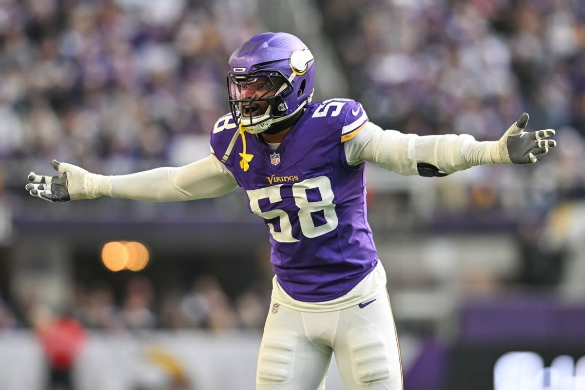 Dec 1, 2024; Minneapolis, Minnesota, USA; Minnesota Vikings linebacker Jonathan Greenard (58) reacts during the second quarter against the Arizona Cardinals at U.S. Bank Stadium. Mandatory Credit: Jeffrey Becker-Imagn Images