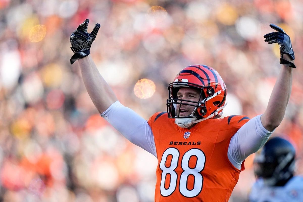 Cincinnati Bengals tight end Mike Gesicki (88) celebrates a reception in the second quarter of the NFL Week 13 game between the Cincinnati Bengals and the Pittsburgh Steelers at Paycor Stadium in downtown Cincinnati on Sunday, Dec. 1, 2024.