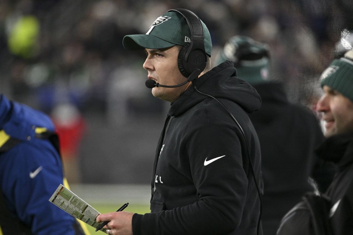 Dec 1, 2024; Baltimore, Maryland, USA; Philadelphia Eagles offensive coordinator Kellen Moore on the sidelines during the first half against the Baltimore Ravens  at M&T Bank Stadium. Mandatory Credit: Tommy Gilligan-Imagn Images