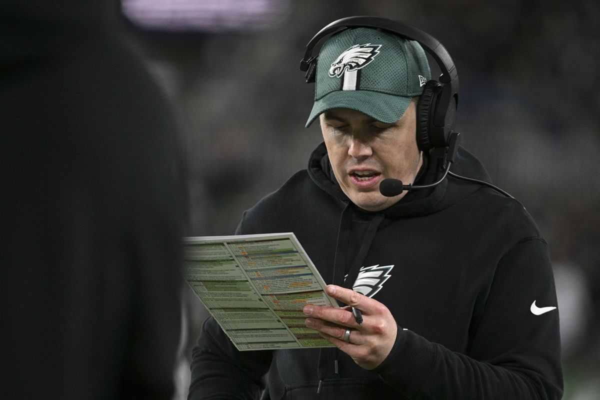 Dec 1, 2024; Baltimore, Maryland, USA; Philadelphia Eagles offensive coordinator Kellen Moore on the sidelines during the first half against the Baltimore Ravens  at M&T Bank Stadium. Mandatory Credit: Tommy Gilligan-Imagn Images