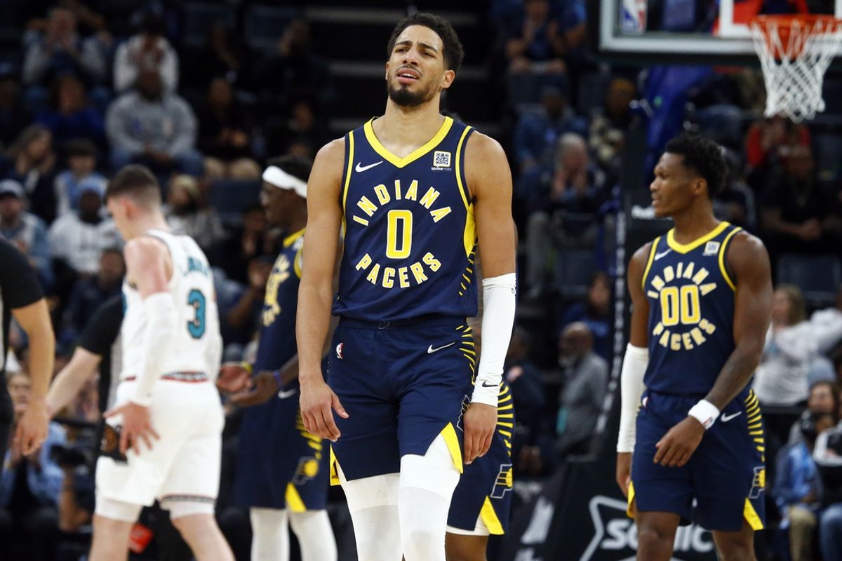 Dec 1, 2024; Memphis, Tennessee, USA; Indiana Pacers guard Tyrese Haliburton (0) reacts during a time out during the fourth quarter against the Memphis Grizzlies at FedExForum. Mandatory Credit: Petre Thomas-Imagn Images