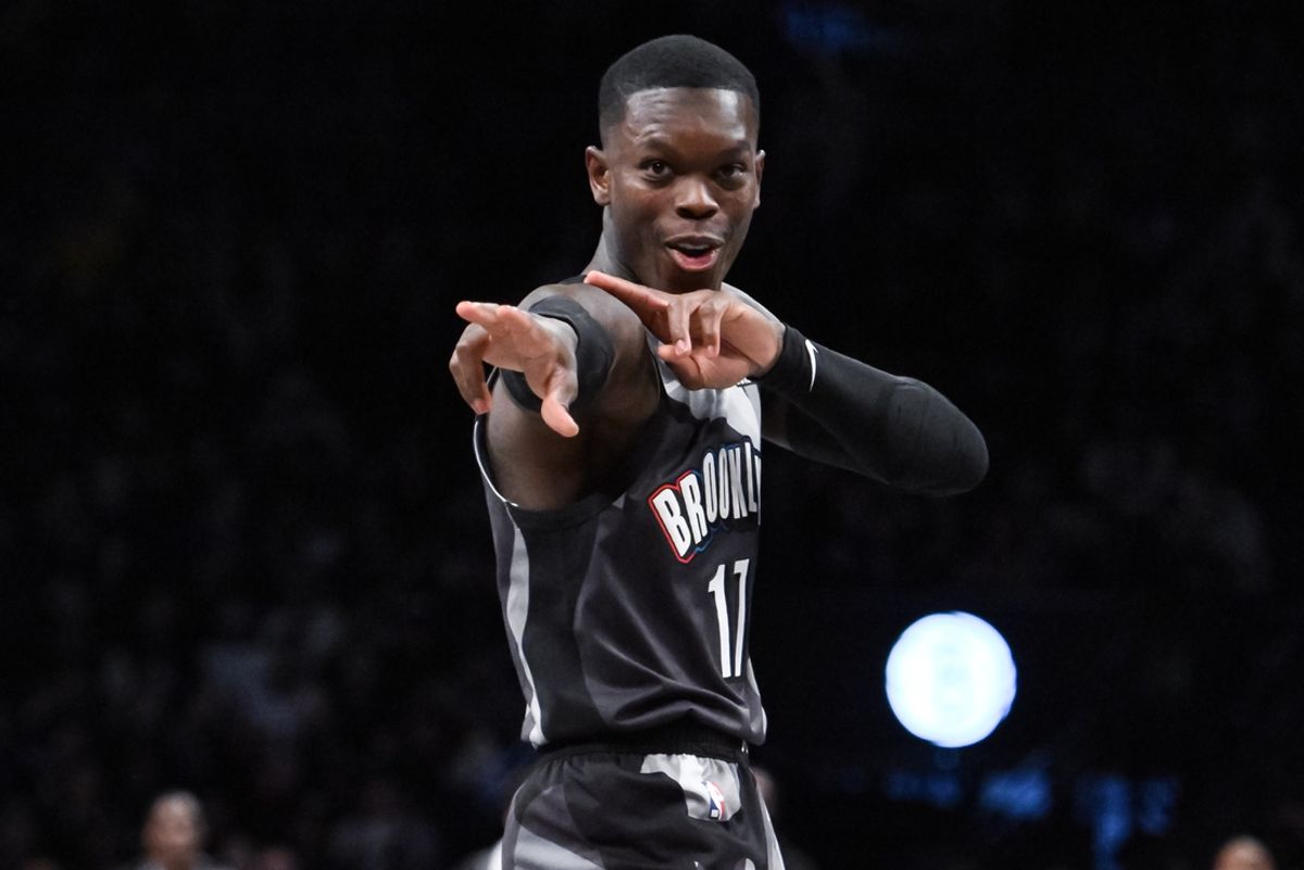 Dec 1, 2024; Brooklyn, New York, USA; Brooklyn Nets guard Dennis Schroder (17) reacts during the second half against the Orlando Magic at Barclays Center. Mandatory Credit: John Jones-Imagn Images