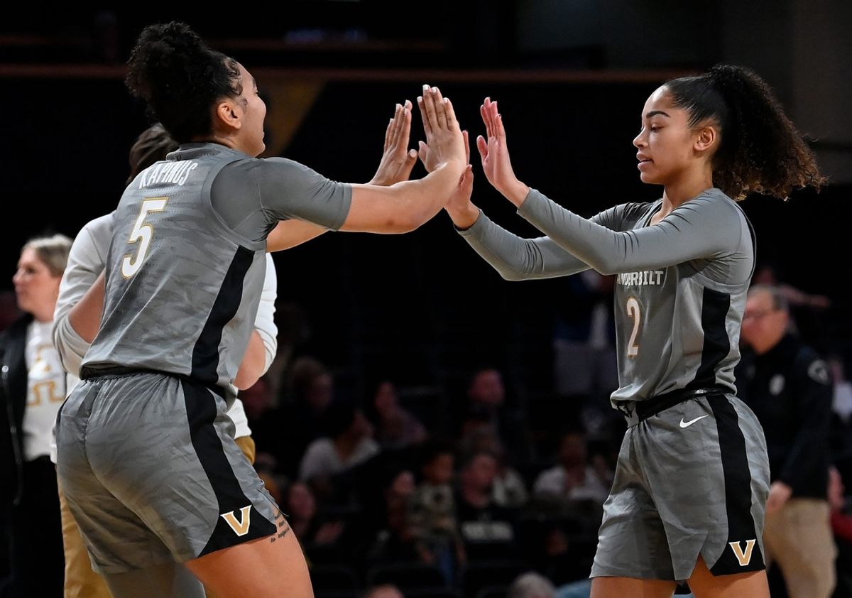 Vanderbilt’s Leilani Kapinus (5) congratulates Jada Brown (2) after their 94-40 win against Appalachian State in an NCAA college basketball game Sunday, Dec. 1, 2024, in Nashville, Tenn.