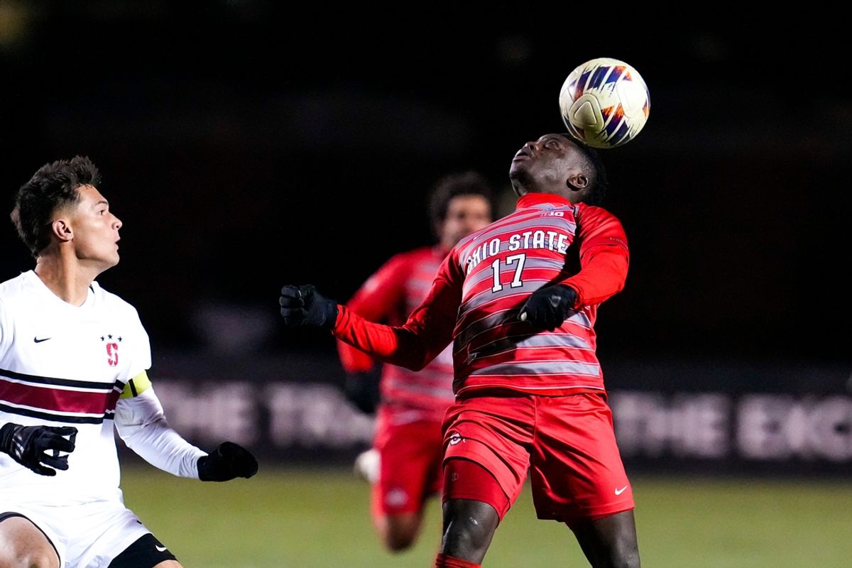 Ohio State Buckeyes midfielder Michael Adedokun (17) attempts to stop the ball in the first overtime of the game in the third round of the NCAA tournament at Jesse Owens Memorial Stadium on Sunday, Dec. 1, 2024 in Columbus, Ohio.