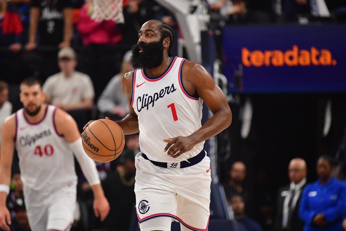 Dec 1, 2024; Inglewood, California, USA; Los Angeles Clippers guard James Harden (1) moves the ball down court against the Denver Nuggets during the first half at Intuit Dome. Mandatory Credit: Gary A. Vasquez-Imagn Images