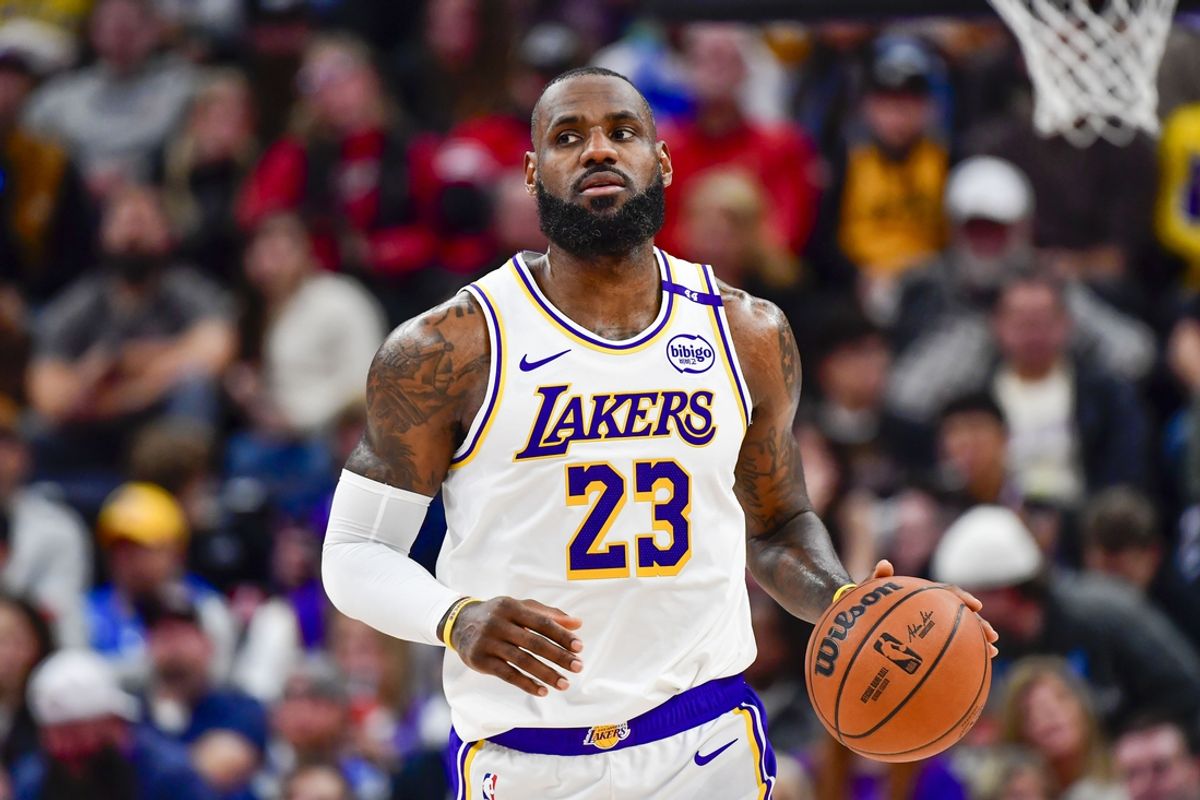 Dec 1, 2024; Salt Lake City, Utah, USA; Los Angeles Lakers forward LeBron James (23) dribbles the ball downcourt against the Utah Jazz during the second half at the Delta Center. Mandatory Credit: Christopher Creveling-Imagn Images