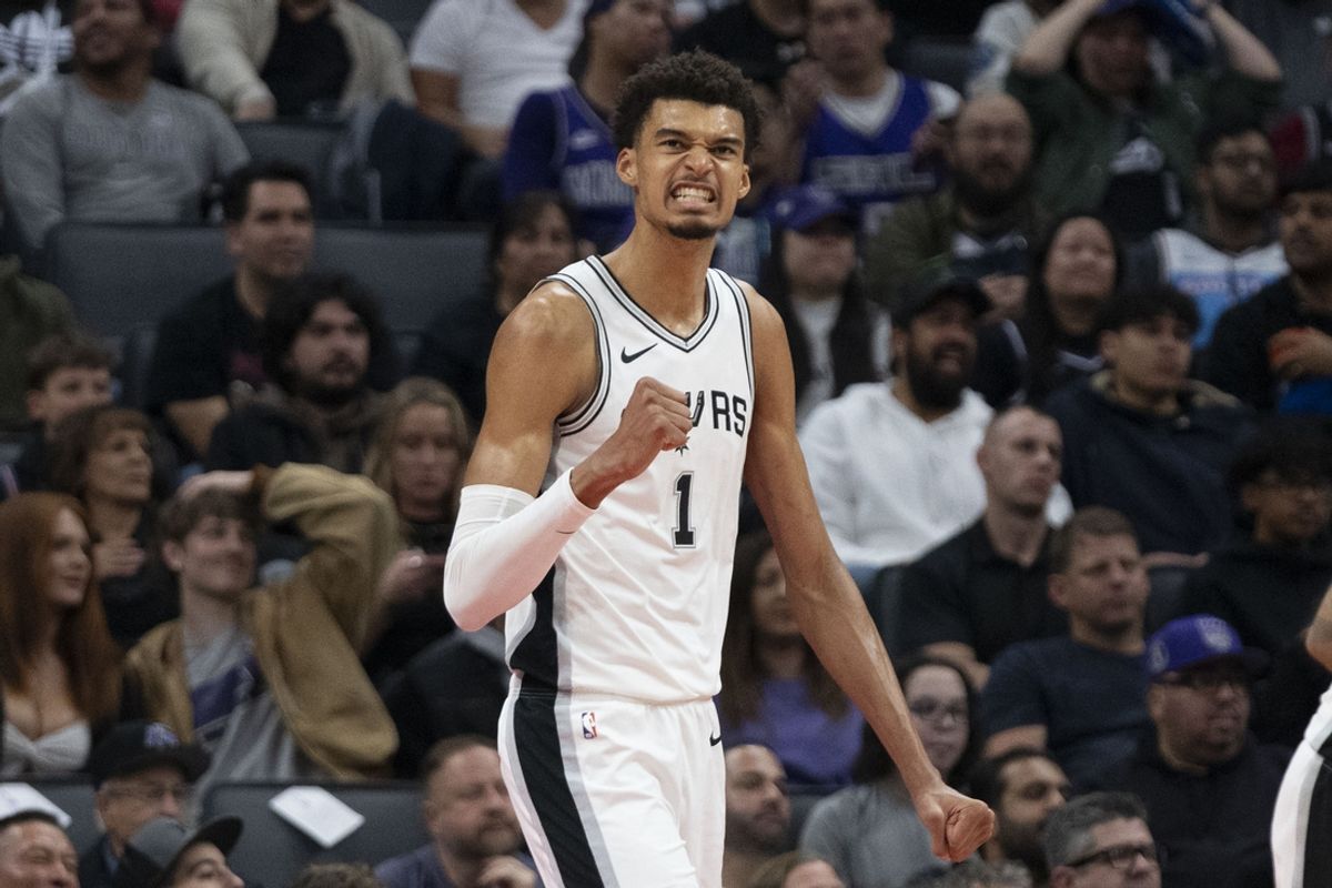 December 1, 2024; Sacramento, California, USA; San Antonio Spurs center Victor Wembanyama (1) celebrates against the Sacramento Kings during the fourth quarter at Golden 1 Center. Mandatory Credit: Kyle Terada-Imagn Images