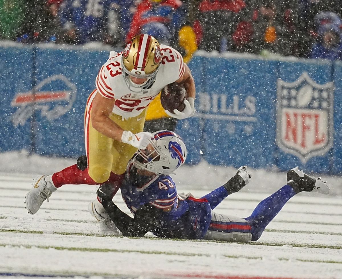 Bills Terrel Bernard tackles 49ers Christian McCaffrey during first half action of their home game against the San Francisco 49ers in Orchard Park on Dec. 1, 2024.