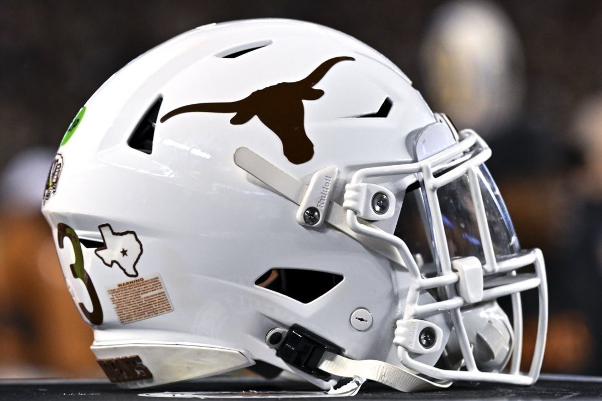 Nov 30, 2024; College Station, Texas, USA; A detail view of a Texas Longhorns helmet on the sideline during the first quarter against the Texas A&M Aggies. The Longhorns defeated the Aggies 17-7 at Kyle Field. Mandatory Credit: Maria Lysaker-Imagn Images