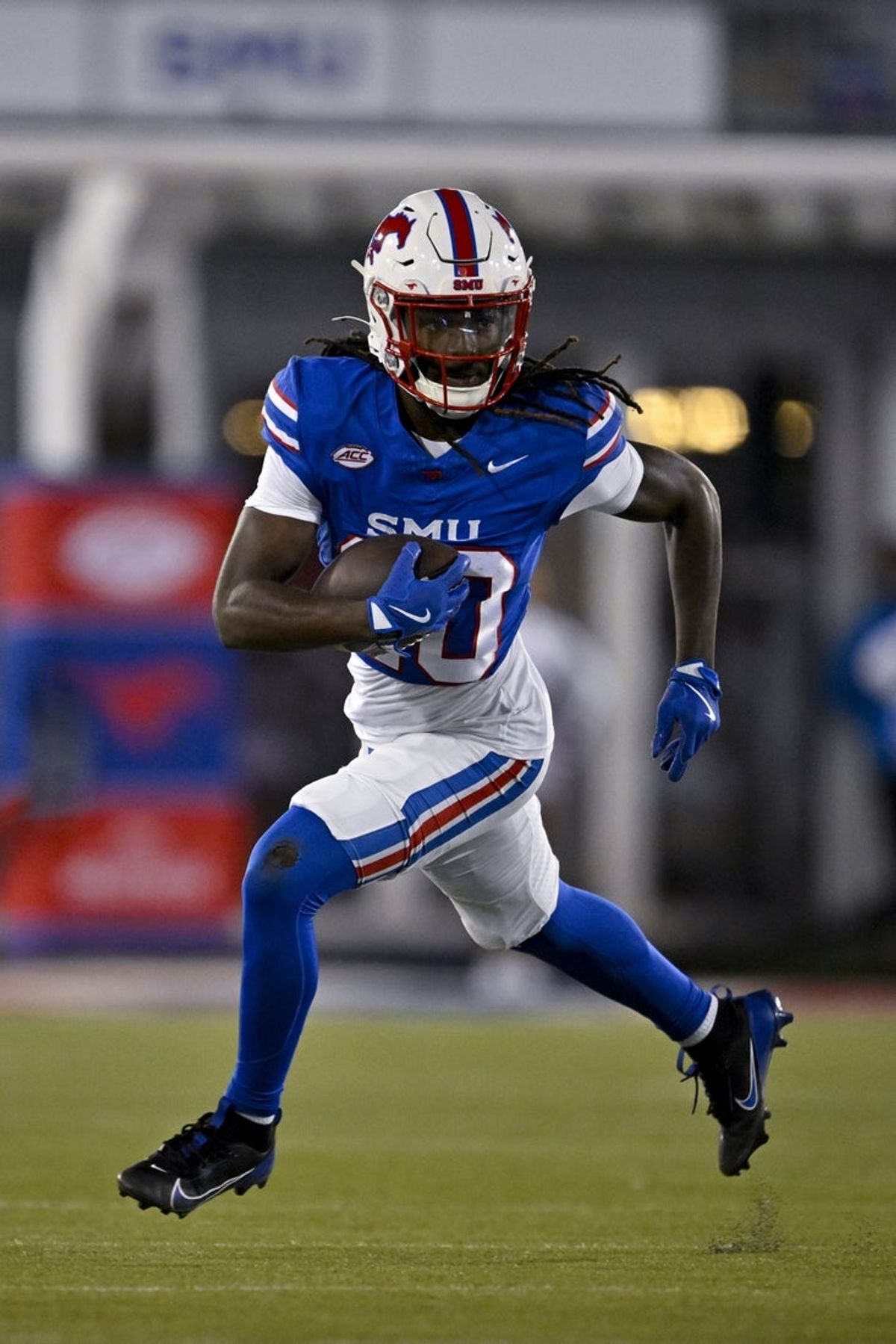 Nov 30, 2024; Dallas, Texas, USA; Southern Methodist Mustangs wide receiver Derrick McFall (20) in action during the game between the SMU Mustangs and the California Golden Bears at Gerald J. Ford Stadium. Mandatory Credit: Jerome Miron-Imagn Images