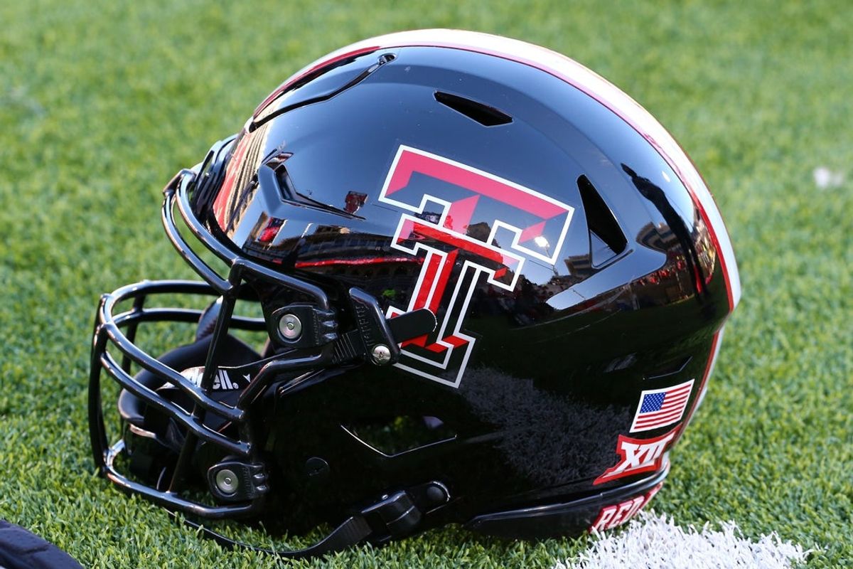 Nov 30, 2024; Lubbock, Texas, USA;  A general view of a Texas Tech Red Raiders helmet on the field before the game between the West Virginia Mountaineers and the Texas Tech Red Raiders at Jones AT&T Stadium and Cody Campbell Field. Mandatory Credit: Michael C. Johnson-Imagn Images