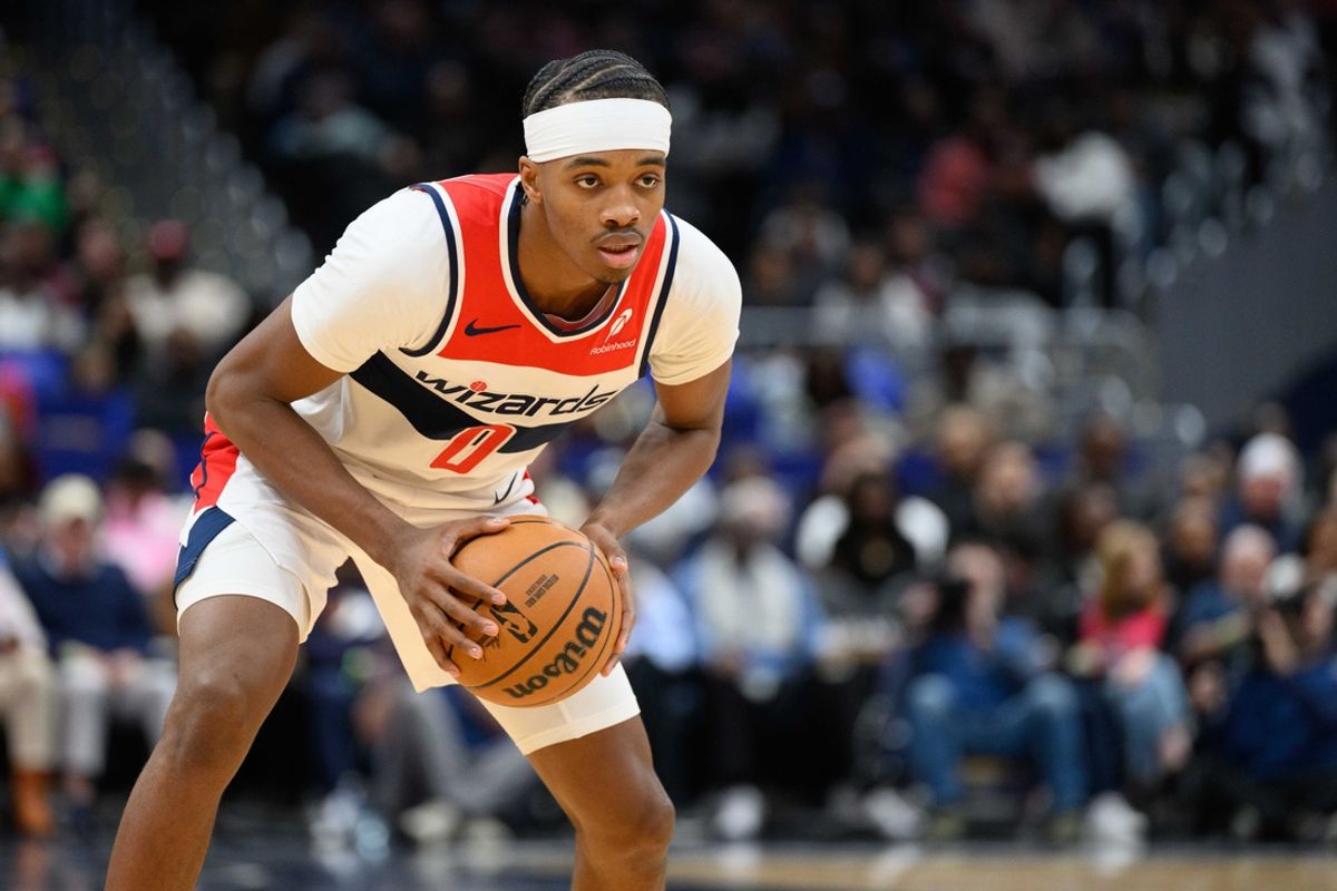 Nov 27, 2024; Washington, District of Columbia, USA; Washington Wizards guard Bilal Coulibaly (0) looks to pass the ball during the first quarter against the LA Clippers at Capital One Arena. Mandatory Credit: Reggie Hildred-Imagn Images