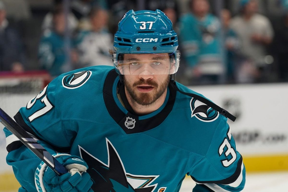 Nov 25, 2024; San Jose, California, USA; San Jose Sharks defenseman Timothy Liljegren (37) warms up against the Los Angeles Kings during pregame at SAP Center at San Jose. Mandatory Credit: David Gonzales-Imagn Images