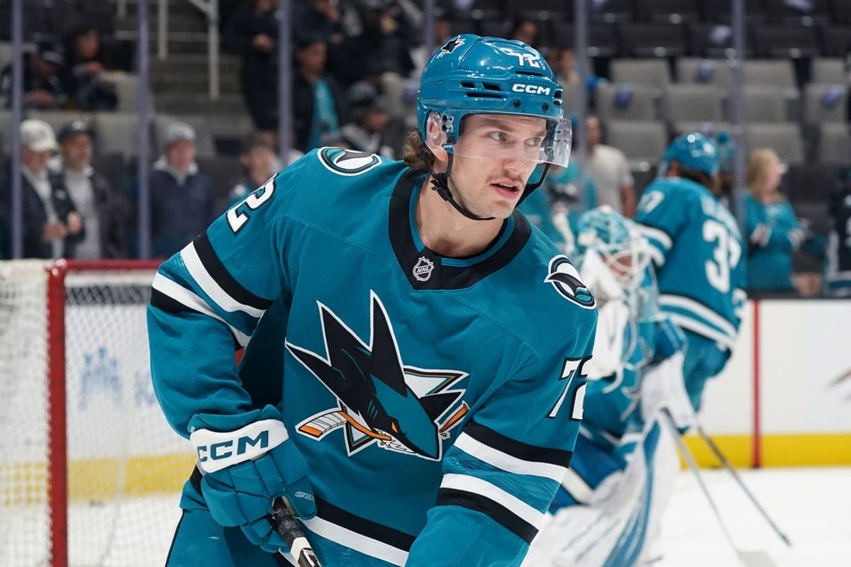 Nov 25, 2024; San Jose, California, USA; San Jose Sharks left wing William Eklund (72) warms up against the Los Angeles Kings during pregame at SAP Center at San Jose. Mandatory Credit: David Gonzales-Imagn Images