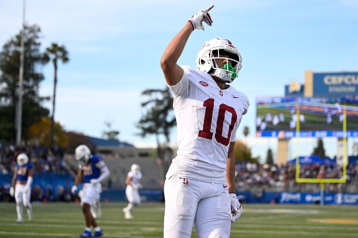 Nov 29, 2024; San Jose, California, USA; Stanford Cardinal wide receiver Emmett Mosley V (10) celebrates his touchdown against the San Jose State Spartans in the second quarter at CEFCU Stadium. Mandatory Credit: Eakin Howard-Imagn Images