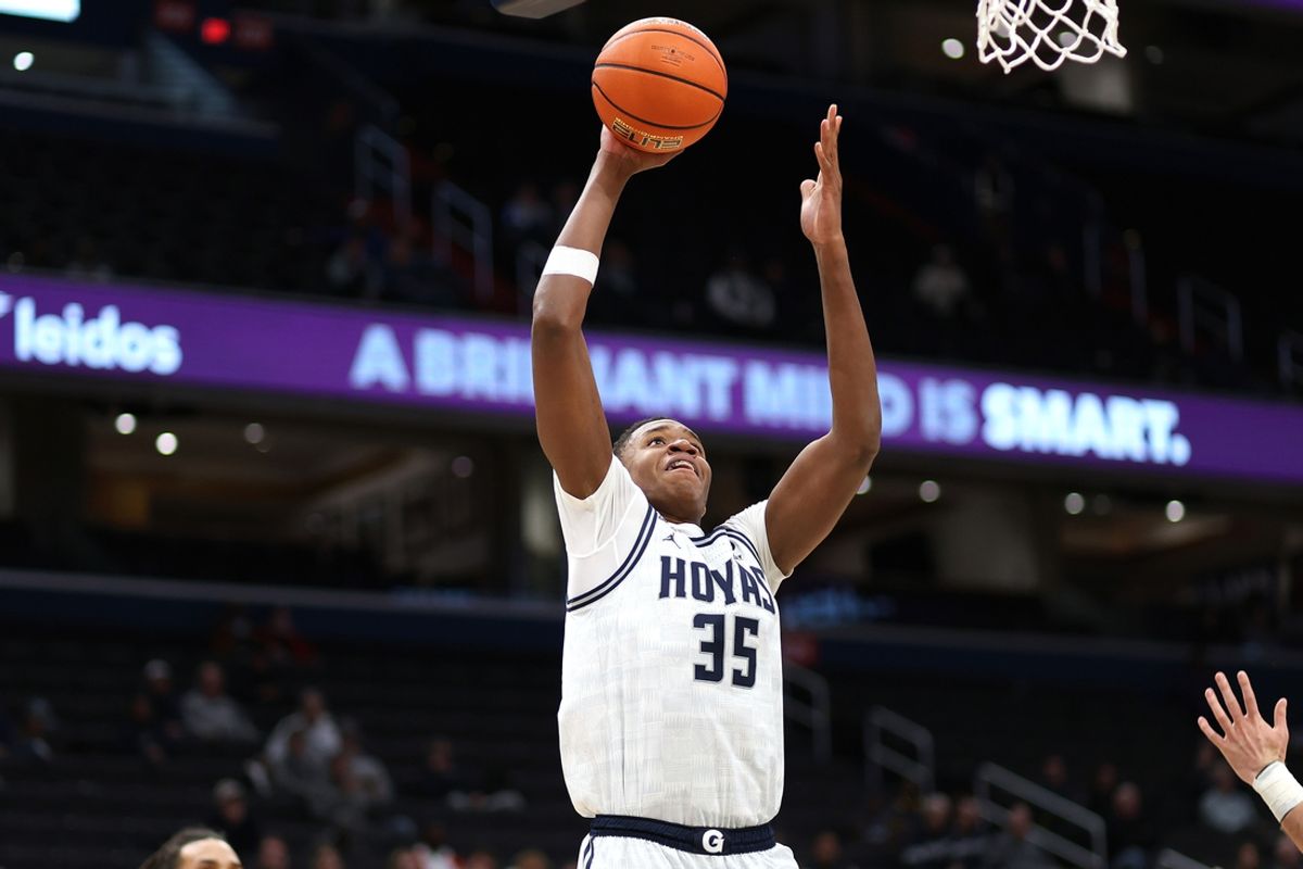 Dec 2, 2024; Washington, District of Columbia, USA; Georgetown Hoyas forward Thomas Sorber (35) shoots the ball during the first half against the UMBC Retrievers at Capital One Arena. Mandatory Credit: Daniel Kucin Jr.-Imagn Images