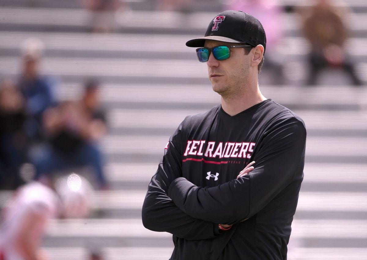 Texas Tech's offensive coordinator and quarterbacks coach Zach Kittley surveys the field before the Red Raiders' 2023 spring game.
