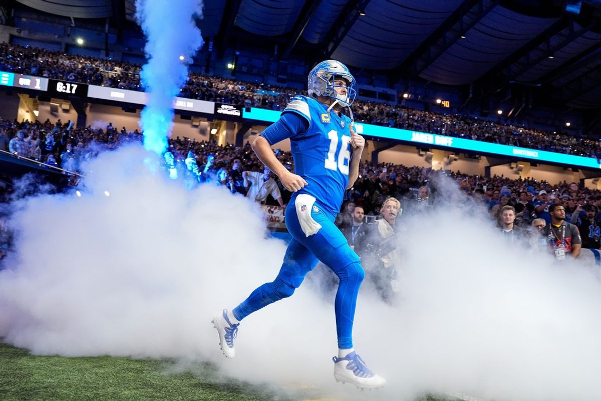 Detroit Lions quarterback Jared Goff takes the field during introduction before first half against Chicago Bears on Thanksgiving Day.
