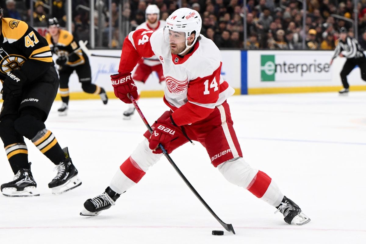 Dec 3, 2024; Boston, Massachusetts, USA; Detroit Red Wings center Tyler Motte (14) takes a shot against the Boston Bruins during the second period at the TD Garden. Mandatory Credit: Brian Fluharty-Imagn Images