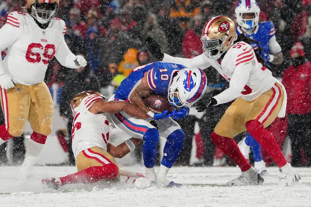 Dec 1, 2024; Orchard Park, New York, USA; San Francisco 49ers cornerback Nick McCloud (35) and San Francisco 49ers linebacker De'Vondre Campbell (59) tackle Buffalo Bills wide receiver Khalil Shakir (10) during the first half at Highmark Stadium. Mandatory Credit: Gregory Fisher-Imagn Images