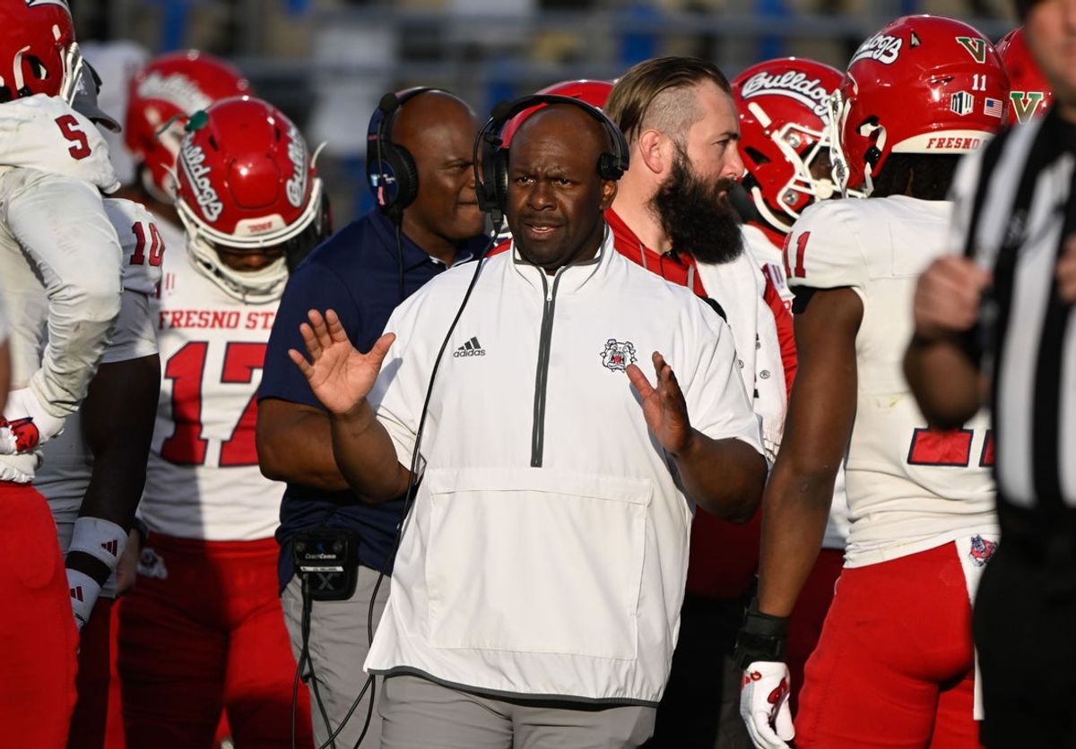 Nov 30, 2024; Pasadena, California, USA; Fresno State Bulldogs head coach Tim Skipper during the fourth quarter against the UCLA Bruins at Rose Bowl. Mandatory Credit: Robert Hanashiro-Imagn Images