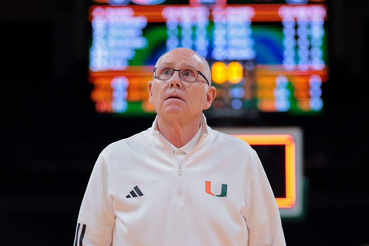 Dec 3, 2024; Coral Gables, Florida, USA; Miami Hurricanes head coach Jim Larranaga looks on after the game against the Arkansas Razorbacks at Watsco Center. Mandatory Credit: Sam Navarro-Imagn Images