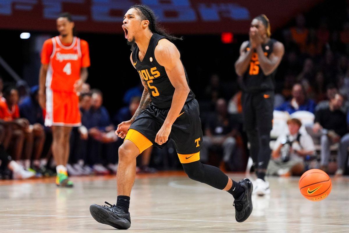 Tennessee guard Zakai Zeigler (5) disagrees with a foul called against him during a college basketball game between Tennessee and Syracuse held at Thompson-Boling Arena at Food City Center in Knoxville, Tenn., on Tuesday, Dec. 3, 2024.
