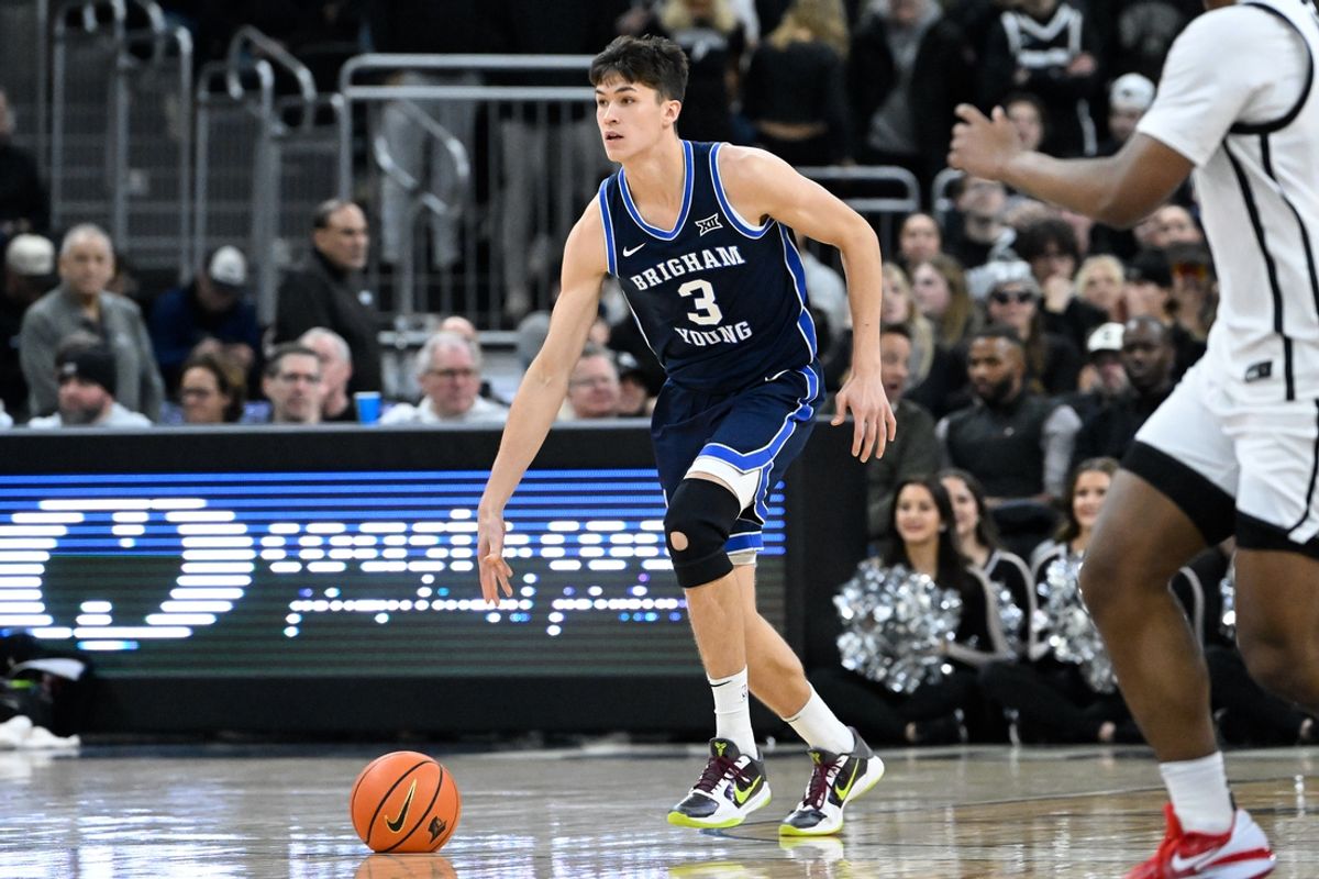 Dec 3, 2024; Providence, Rhode Island, USA; Brigham Young Cougars guard Egor Demin (3) dribbles against the Providence Friars during the second half at Amica Mutual Pavilion. Mandatory Credit: Eric Canha-Imagn Images