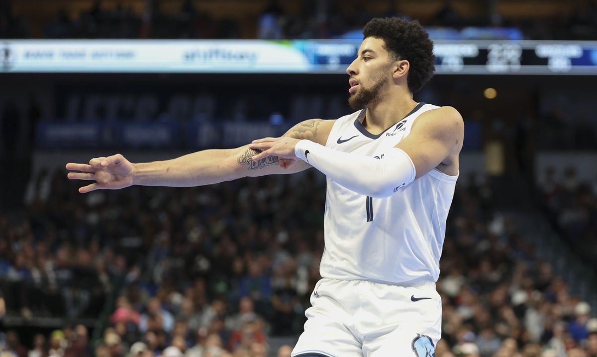 Dec 3, 2024; Dallas, Texas, USA;  Memphis Grizzlies guard Scotty Pippen Jr. (1) reacts after scoring against the Dallas Mavericks  during the second half at American Airlines Center. Mandatory Credit: Kevin Jairaj-Imagn Images