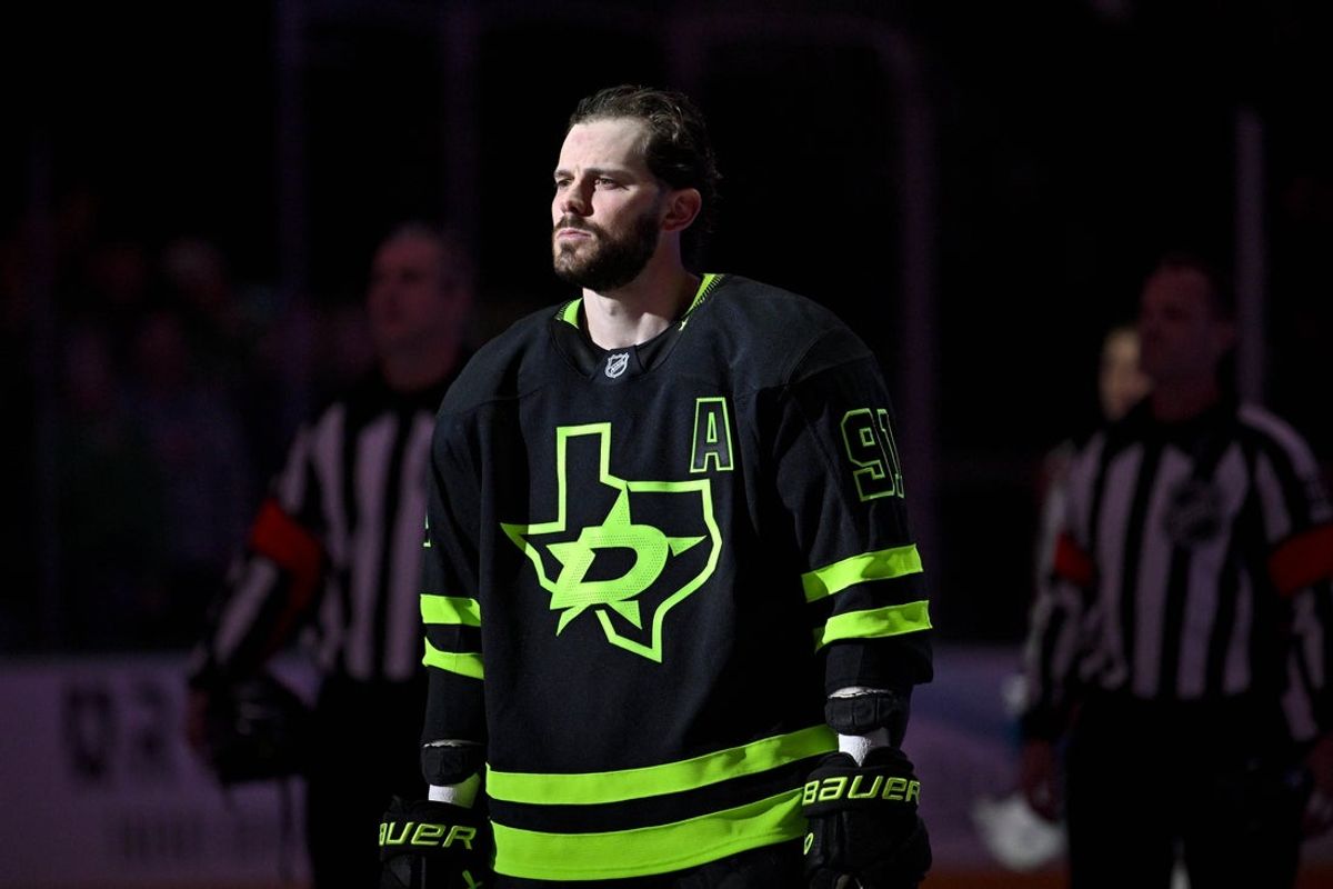 Nov 29, 2024; Dallas, Texas, USA; Dallas Stars center Tyler Seguin (91) before the game between the Dallas Stars and the Colorado Avalanche at American Airlines Center. Mandatory Credit: Jerome Miron-Imagn Images