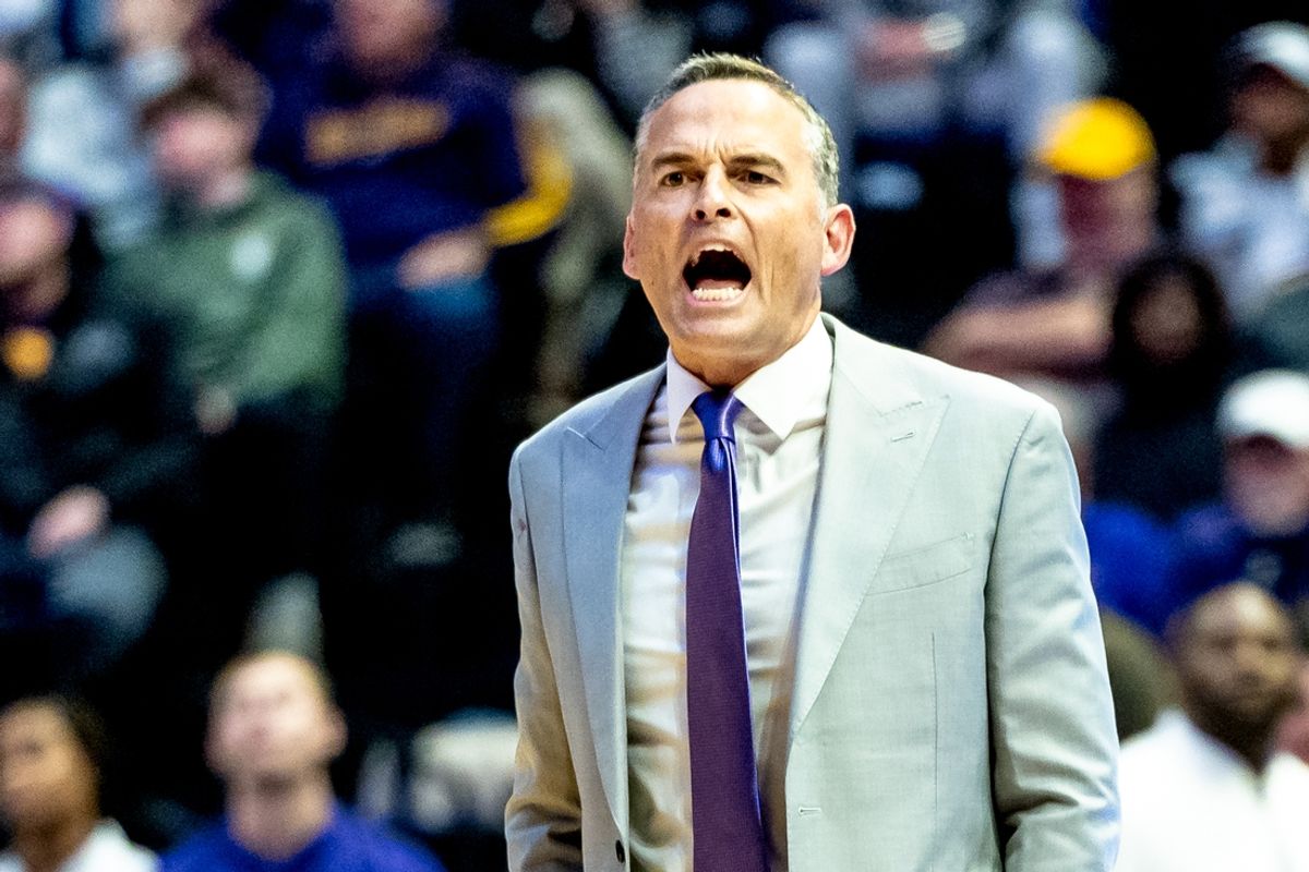 Dec 3, 2024; Baton Rouge, Louisiana, USA;  LSU Tigers head coach Matt McMahon reacts to a play against the Florida State Seminoles during the second half at Pete Maravich Assembly Center. Mandatory Credit: Stephen Lew-Imagn Images