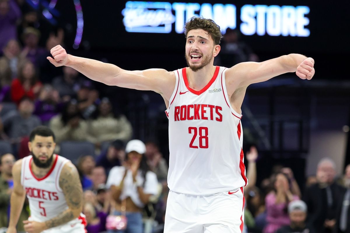 Dec 3, 2024; Sacramento, California, USA; Houston Rockets center Alperen Sengun (28) reacts to a play during the fourth quarter against the Sacramento Kings at Golden 1 Center. Mandatory Credit: Sergio Estrada-Imagn Images