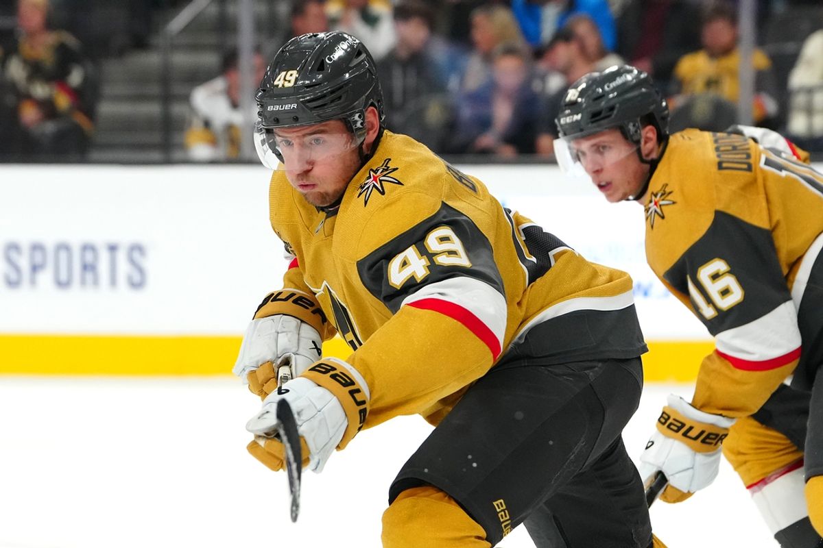 Dec 3, 2024; Las Vegas, Nevada, USA; Vegas Golden Knights center Ivan Barbashev (49) skates against the Edmonton Oilers during the third period at T-Mobile Arena. Mandatory Credit: Stephen R. Sylvanie-Imagn Images
