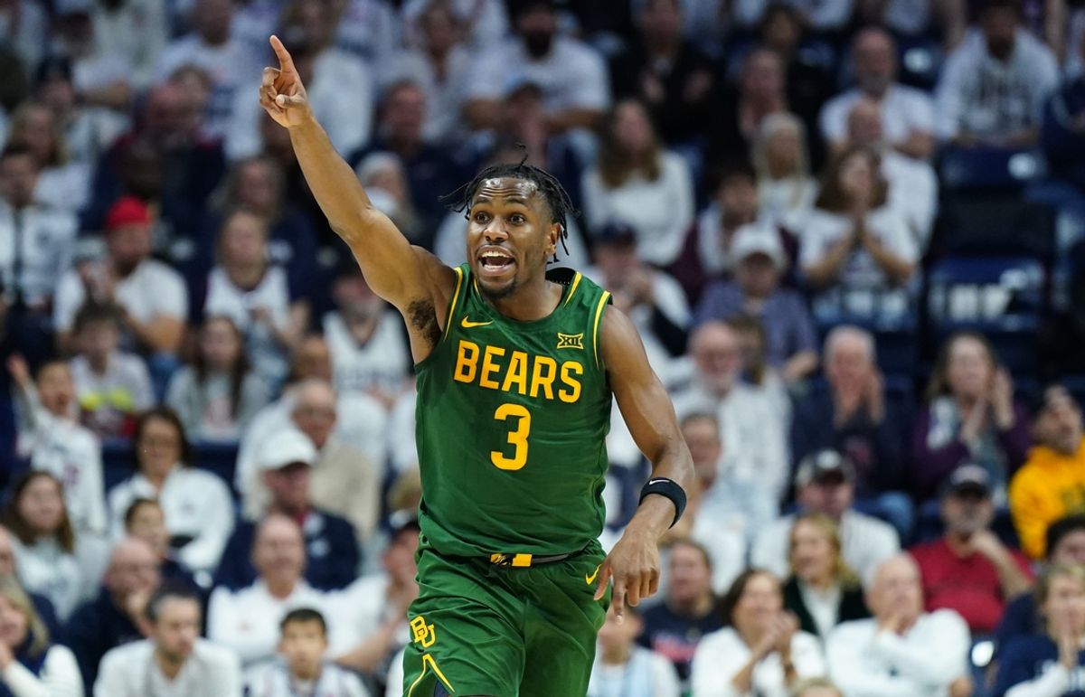 Dec 4, 2024; Storrs, Connecticut, USA; Baylor Bears guard Jeremy Roach (3) returns up court against the UConn Huskies in the first half at Harry A. Gampel Pavilion. Mandatory Credit: David Butler II-Imagn Images
