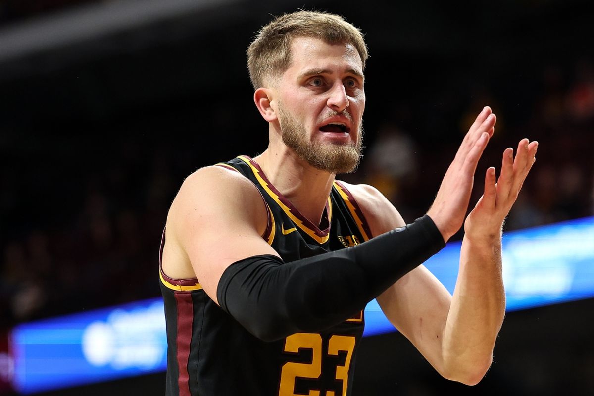 Dec 4, 2024; Minneapolis, Minnesota, USA; Minnesota Golden Gophers forward Parker Fox (23) reacts towards a referee during the first half against the Michigan State Spartans at Williams Arena. Mandatory Credit: Matt Krohn-Imagn Images