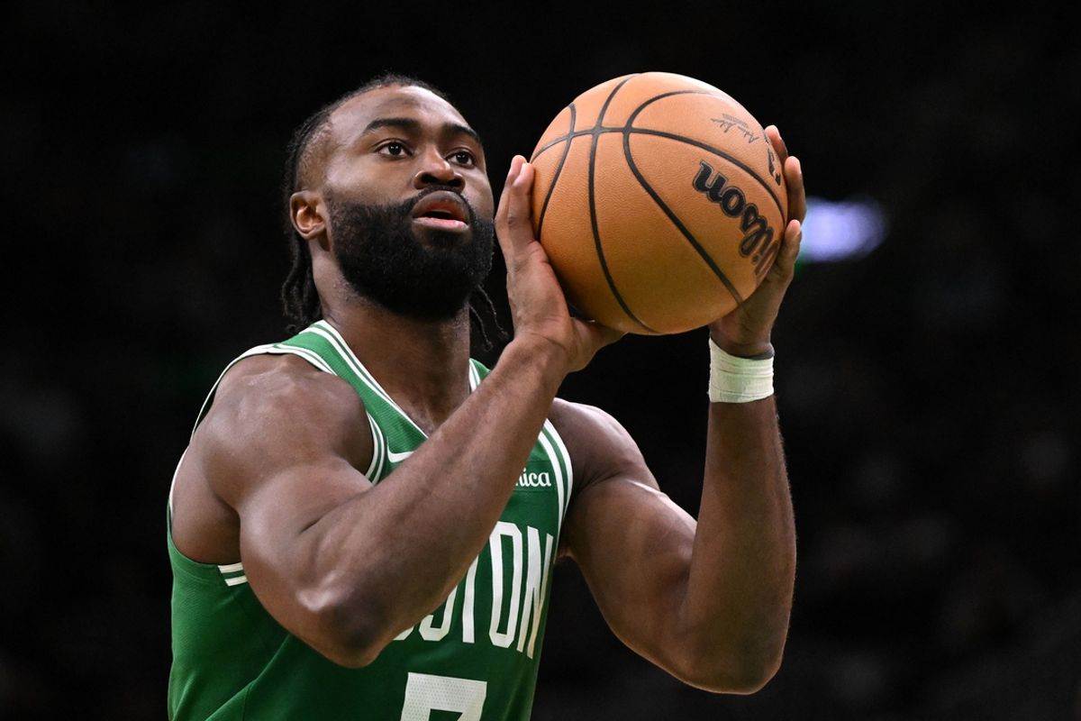 Dec 4, 2024; Boston, Massachusetts, USA; Boston Celtics guard Jaylen Brown (7) attempts a free throw against the Detroit Pistons during the fourth quarter at the TD Garden. Mandatory Credit: Brian Fluharty-Imagn Images