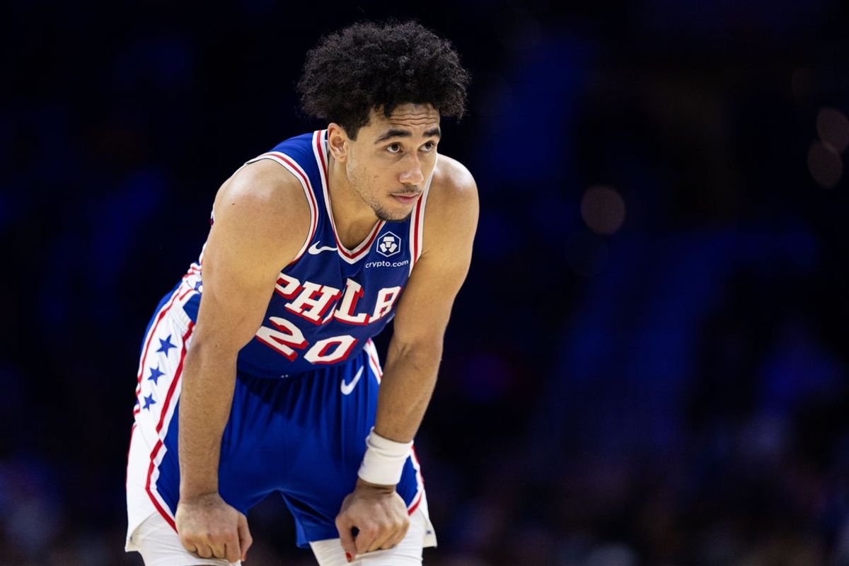 Dec 4, 2024; Philadelphia, Pennsylvania, USA; Philadelphia 76ers guard Jared McCain (20) looks on during the fourth quarter against the Orlando Magic at Wells Fargo Center. Mandatory Credit: Bill Streicher-Imagn Images