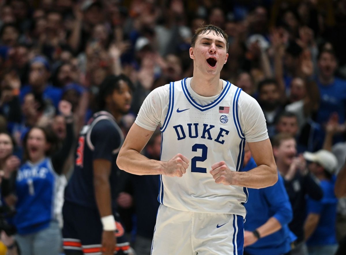 Dec 4, 2024; Durham, North Carolina, USA; Duke Blue Devils forward Cooper Flagg (2) reacts at the end of a game against the Auburn Tigers at Cameron Indoor Stadium.  The Blue Devils won 84-78.   Mandatory Credit: Rob Kinnan-Imagn Images